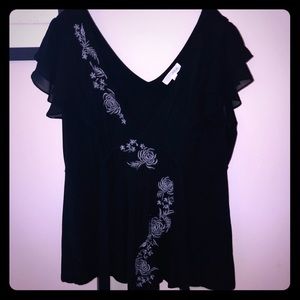 Black Low-Cut Top with Silver Floral Design